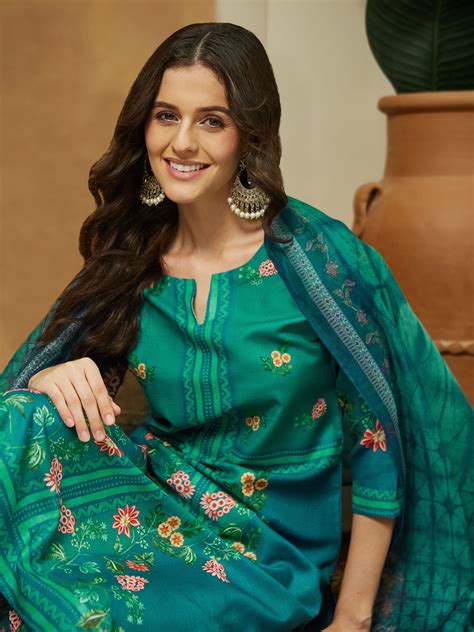 Janasya Women's Teal Blue Cotton Blend Floral Printed Straight Kurta S