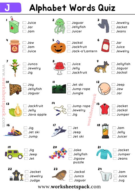J Alphabet Words Picture Quiz | Alphabet words, Alphabet activities ...