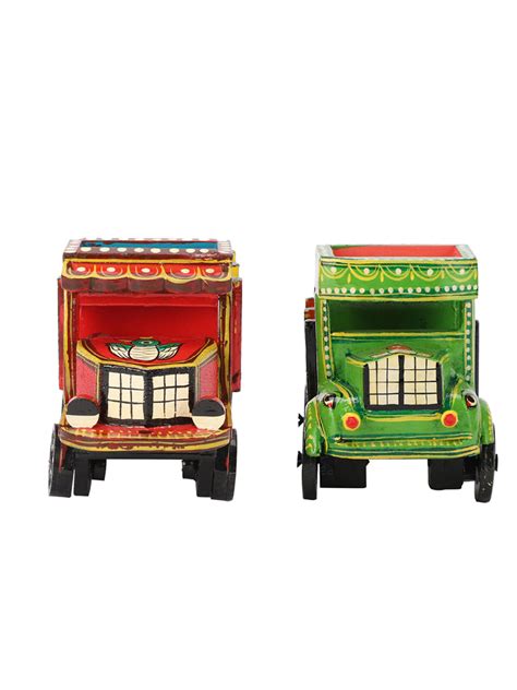 VarEesha Hand Painted Red & Green Small Wooden Truck Decoratives Set of Two