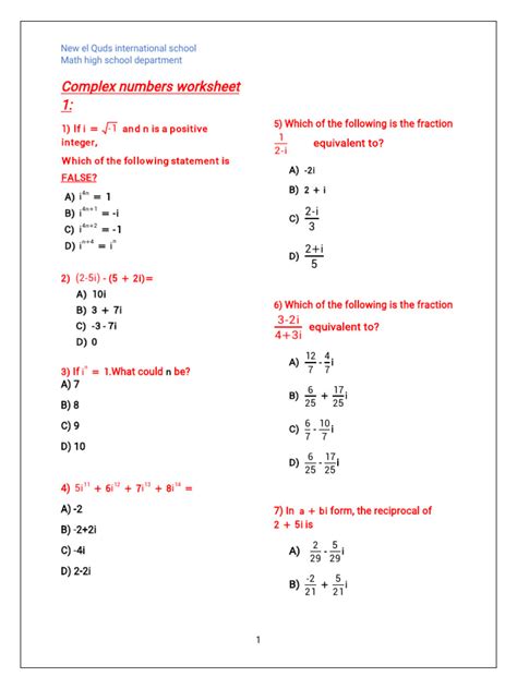 Image result for Precalculus Complex Numbers Worksheet