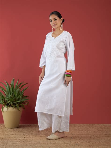 Aleena White Straight Chikanakri Cotton Kurta For Women