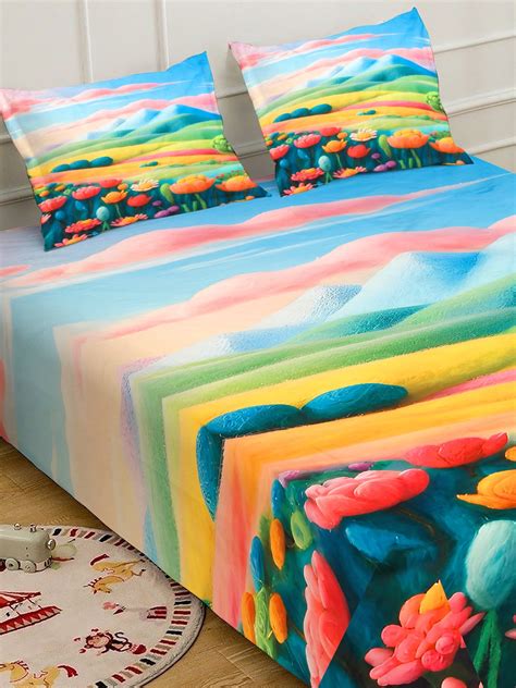 Multi Cartoon Characters 7D King Size Cotton Blend Fitted Double Bedsh ...