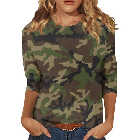 GIPQJK Womens Camo Shirts Fall Trendy Graphic 3/4 Sleeve Tunic ...
