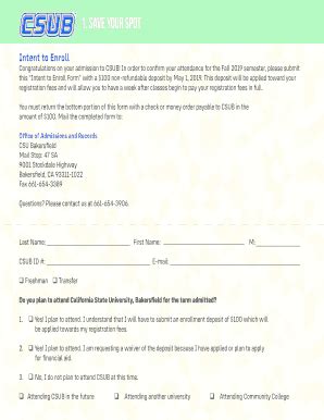 CSUB Intent to Enroll Form 2019 - Fill and Sign Printable Template Online