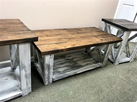 Farmhouse Coffee Table and End Tables: Rustic Distressed White, Dark ...