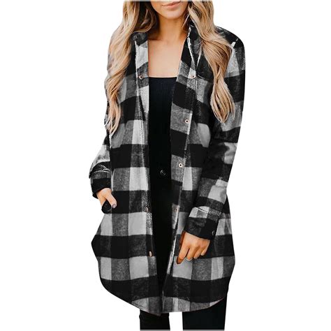 Fanxing Women's 2025 Fall Flannel Plaid Long Jacket Casual Long Sleeve ...
