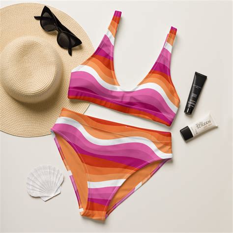 Sunset Lesbian Pride Flag High Waisted Swim Suit| Wavy Retro Bathing ...