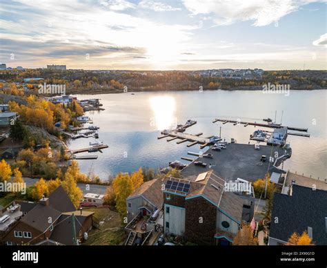 Aerial view of Yellowknife Bay and Old Town in Autumn. Yellowknife ...