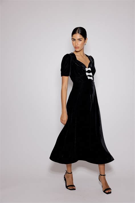 Black Bow Front Velvet Eleanor Midi Dress