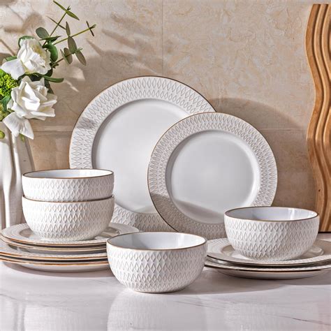 GBHOME Ceramic Dinnerware Sets,12 pcs Embossed Elegant Stoneware Plates ...