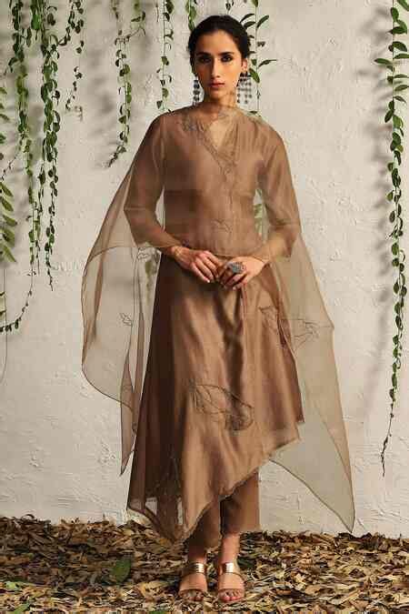 Buy Brown Kurta Chanderi Embroidered Nakshi Scallop Neck And Leaf ...