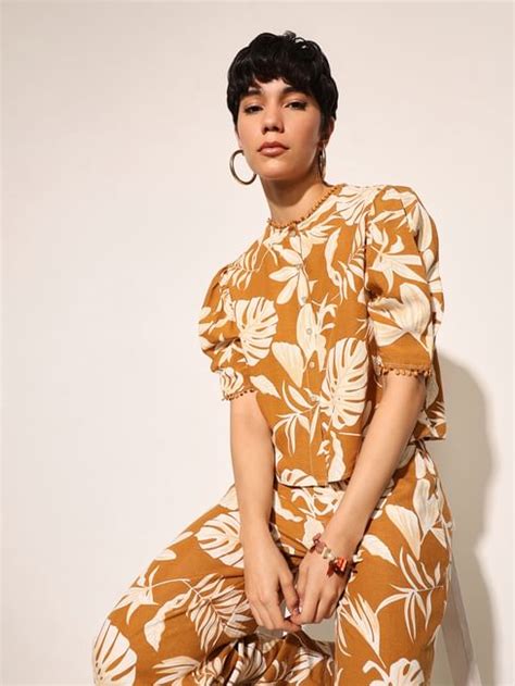 Brown Tropical Print Crop Top