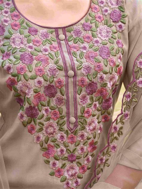 Taupe Colored Silk Blend Multi Thread Embroidered Straight Cut Kurta S