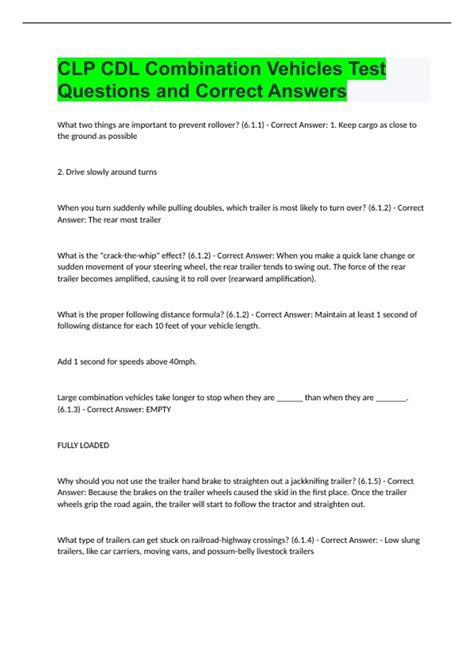 CLP CDL Combination Vehicles Test Questions and Correct Answers - Cdl ...