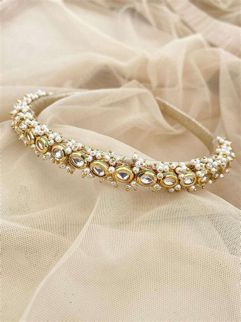 Buy Pearl Embellished Hair Band Beige Online - Ishhaara