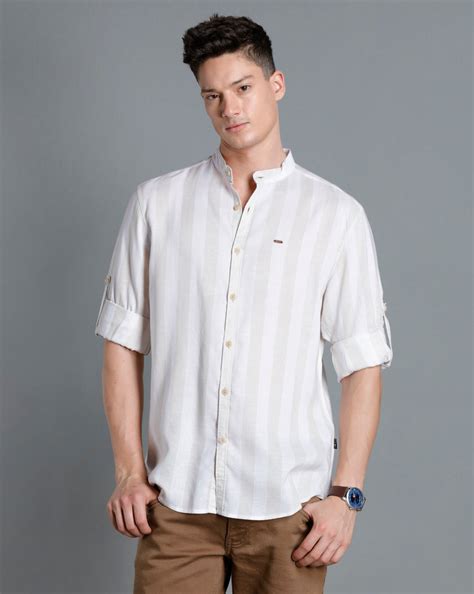IDENTITI Men Slim Fit Mandarin Collar Striped Shirt In Beige