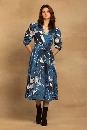 Buy Blue Cotton, Twill V-neck Sara Floral Print Wrap Dress For Women by ...