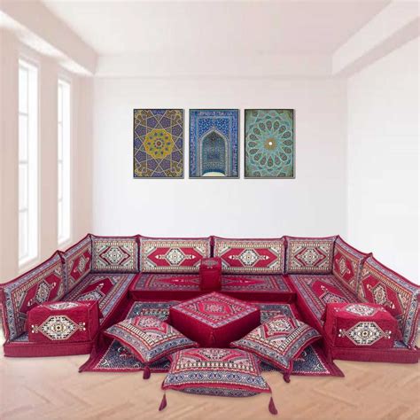 Arabian Style Floor Sofa Brown Color Arabic Majlis, U Shaped Arabic