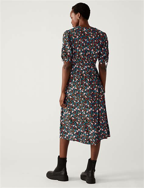 Printed V-Neck Tie Detail Midi Tea Dress