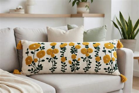 Embroidered Floral Design Lumbar Cushion Cover | 14"x36" | Cotton ...