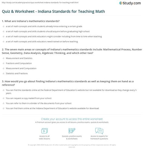 Quiz & Worksheet - Indiana Standards for Teaching Math | Study.com