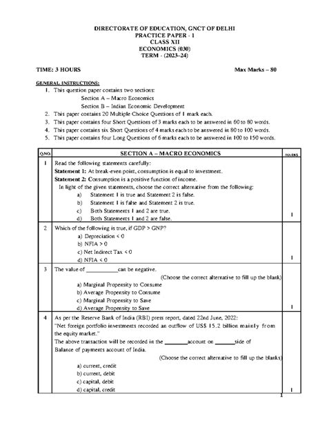 Practice Paper 1: Class XII Economics (030) Term 2023-24 - Studocu