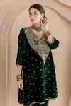 Buy Green Velvet Embroidery, Zari V-neck Chitra Zardosi Work Kurta And ...