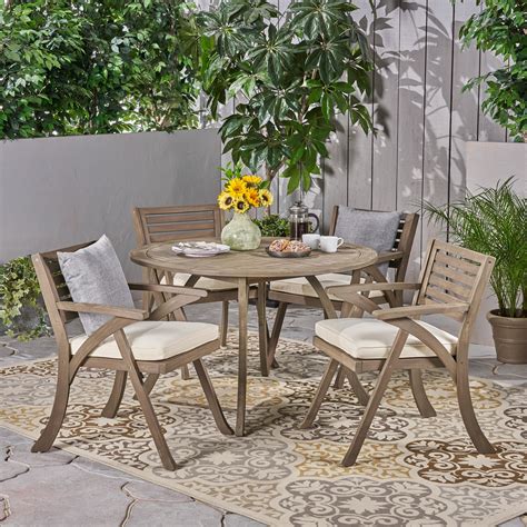 Jordy Outdoor 5 Piece Acacia Wood Dining Set with Round Table, Gray ...