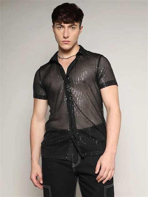 ₹899 | Campus Sutra Men's Onyx Black Sheer Sequin Shirt - Campussutra