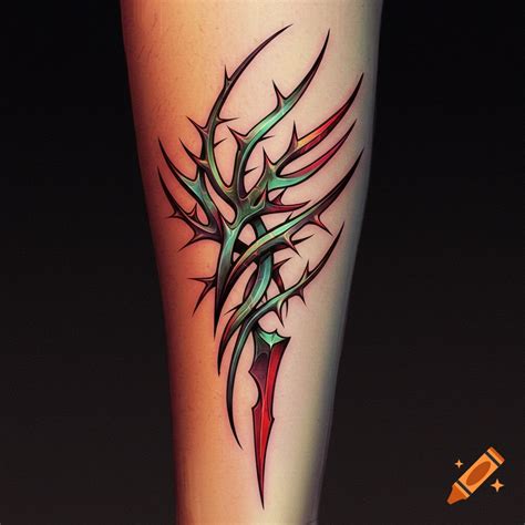 An abstract, thorny green and red tattoo design on an arm. on Craiyon