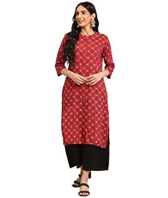 Buy rangita Rust Rayon Calf Length Printed Straight Kurti for Women ...
