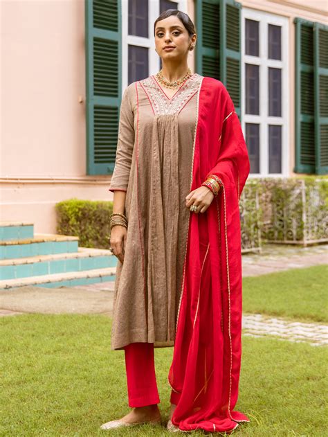 Brown & Red Chanderi Complete Suit Set For Women's – Vari
