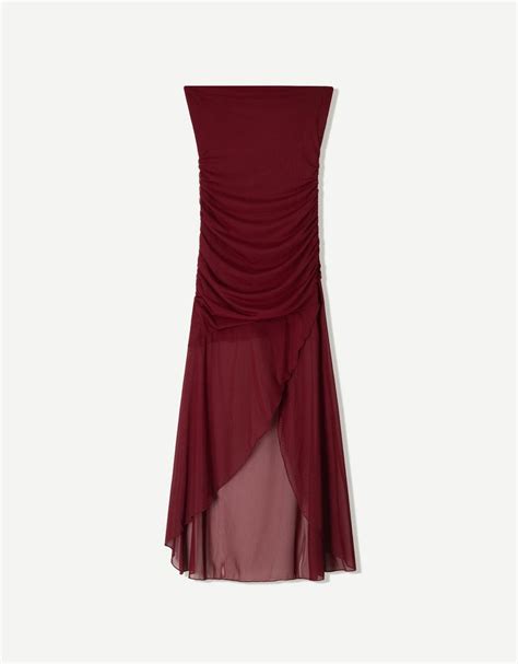 Mesh midi dress with bandeau neckline - Women | Bershka