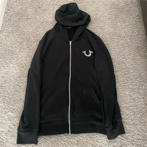 True Religion black zip up hoodie worn twice - Depop