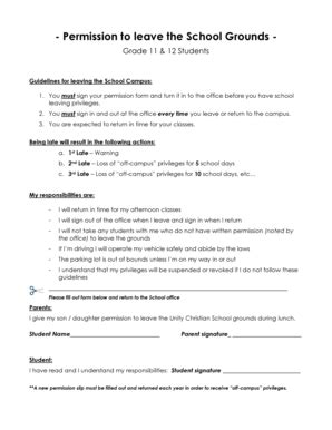 Fillable Online unitychristian Permission to leave the School Grounds ...