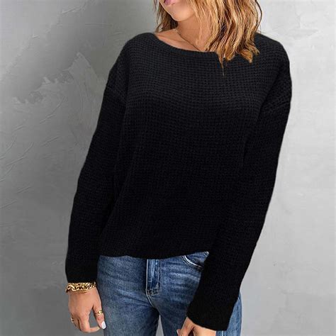 Poteti Womens Sweaters Waffle Knit Sweaters for Women,Long Sleeve Crew ...
