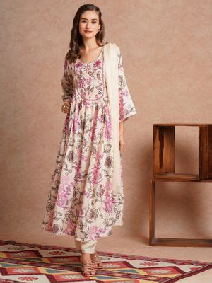 Buy FASHOR Cream Floral Printed Anarkali Kurta with Pant and Dupatta ...