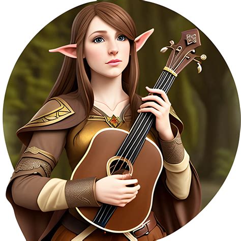 female half elf bard medium light brown hair playing lute - Arthub.ai