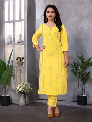 Buy Rangita Yellow Cotton Printed Calf Length Straight Kurta with Pant ...