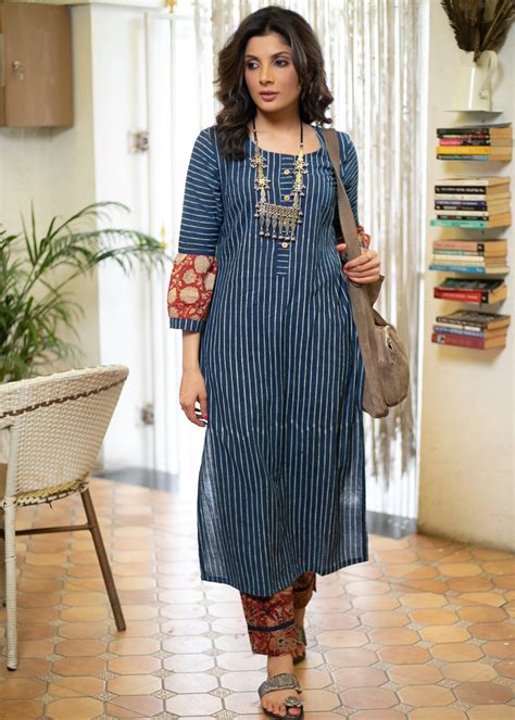 Classy Cotton Indigo Striped Straight Cut Kurta with Exclusive Combina ...