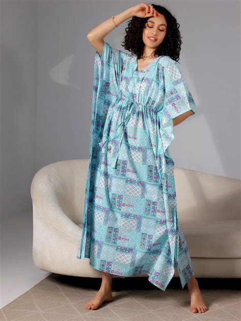 Buy Blue Printed Cotton Kaftan Night Dress Online at Rs.999 | Libas