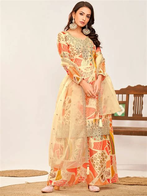 ⚡️Buy Precious Cream Color Embroidered Chinon Event Wear Palazzo Suit ...