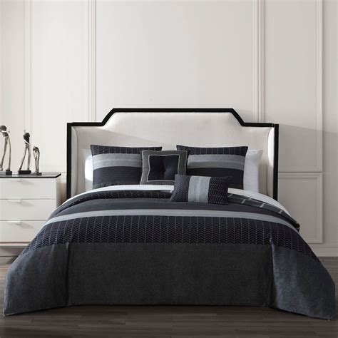 Kyle Reversible Modern Black and Gray Striped 5 pc Comforter Bed Set