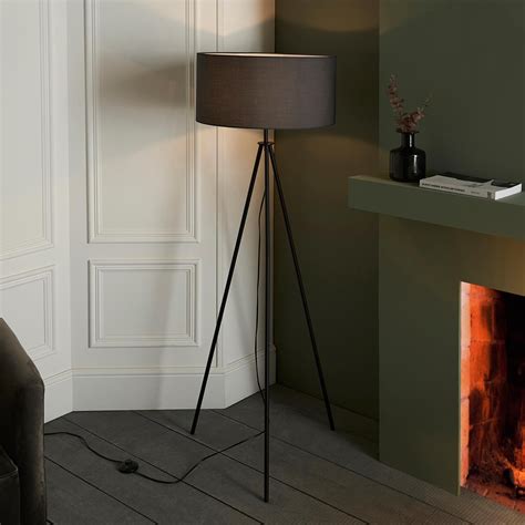 Endon Matt Black Tripod Floor Lamp Black Cotton Shade 103798