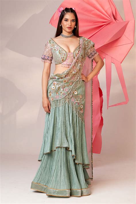 Embroidered Powder blue Crinkle drape saree set