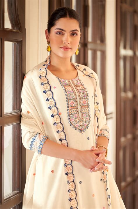 Off-White Embroidered 3-Piece Kurta Set with Afghani Shalwar & Hand-Em