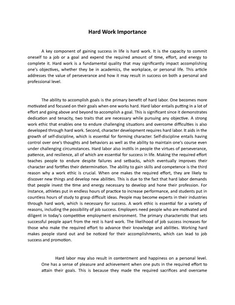 Essays - Hard Work Importance - Hard Work Importance A key component of gaining success in life ...