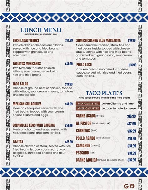 Menu at Blue Margarita's Mexican Restaurant, Highland Park