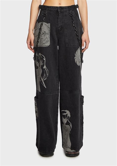 Dolls Kill x Inuyasha Wide Leg Graphic Twill Pants - Black