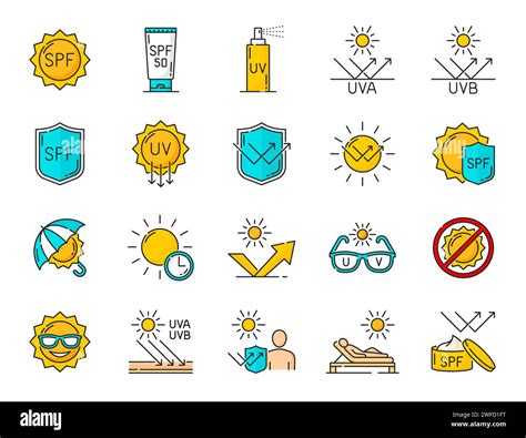 SPF, sunscreen, sun and ultraviolet protection color icons. Ultraviolet ...